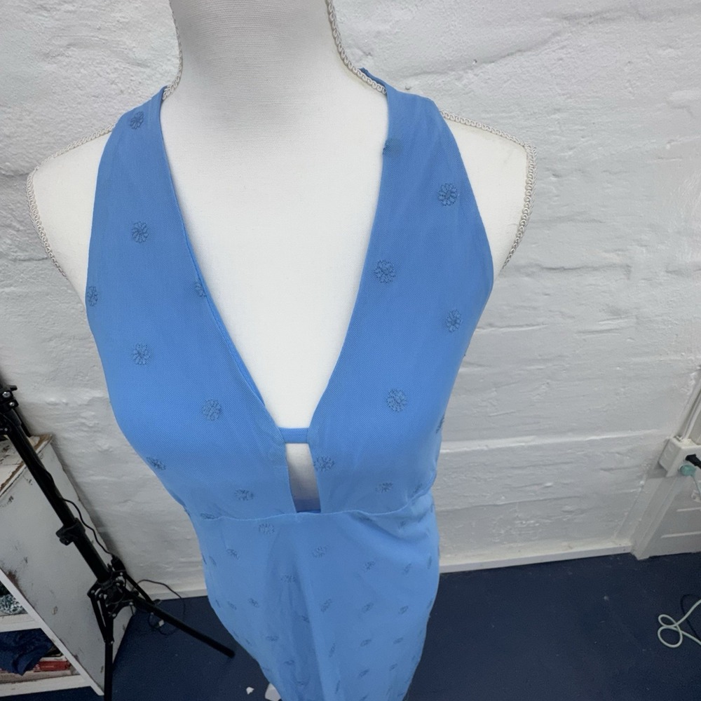 Wild Fable Light Blue Halter Maxi Dress Large Mesh Embroidered Sleeveless Floral - Picture 2 of 11